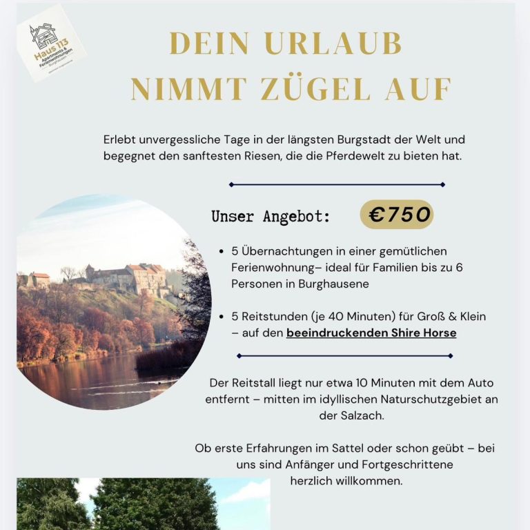 Angebot für einen Familienurlaub in den Apartments Haus 113 Burghausen mit 5 Übernachtungen und exklusiven Reitstunden auf Shire Horses.