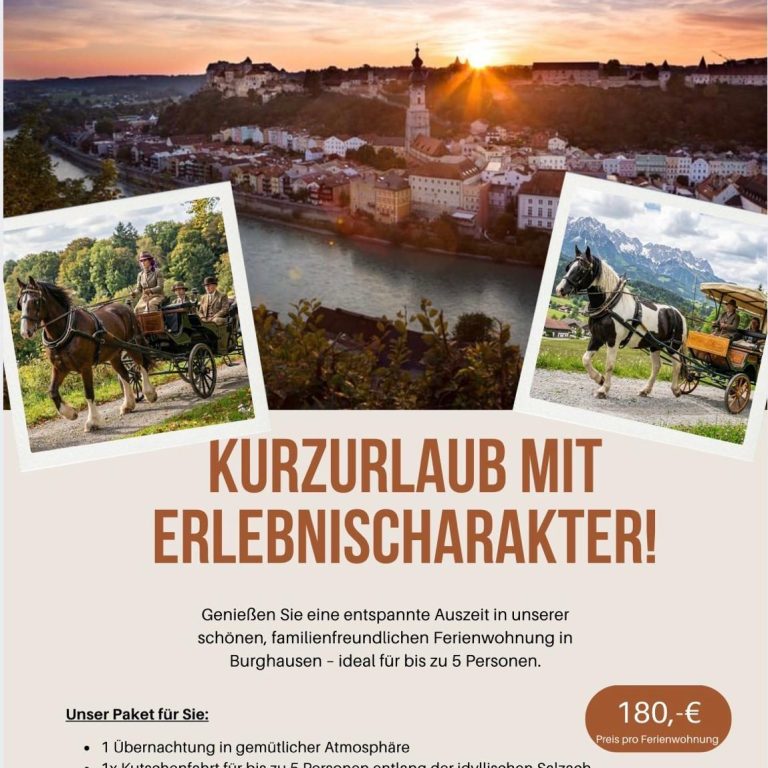 Flyer für einen Kurzurlaub in der Ferienwohnung Haus 113 Burghausen inklusive idyllischer Kutschenfahrt an der Salzach mit Shire Horses.